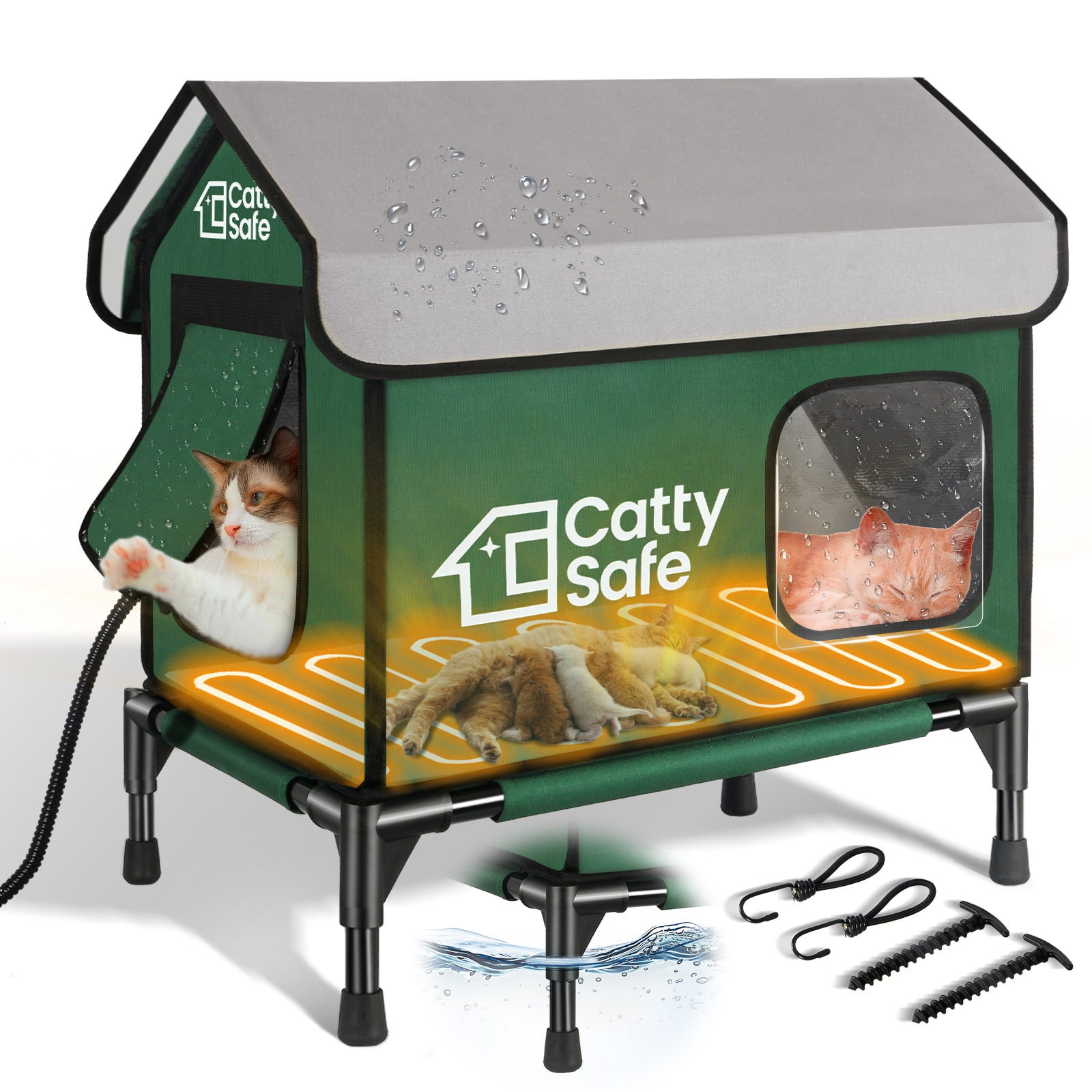 Cattysafe Indestructible Outdoor Heated Cat House for Winter, Insulated Waterproof with Heating Pad (21*14*21 Inch)
